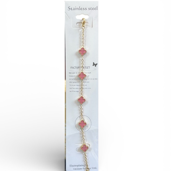 Pink Clover Bracelet Gold Tone Stainless Steel New - Picture 1 of 3